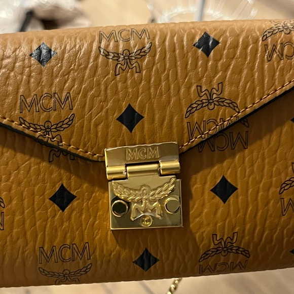 MCM Handbags - MCM Cognac Logo Print small Crossbody with Gold Lock